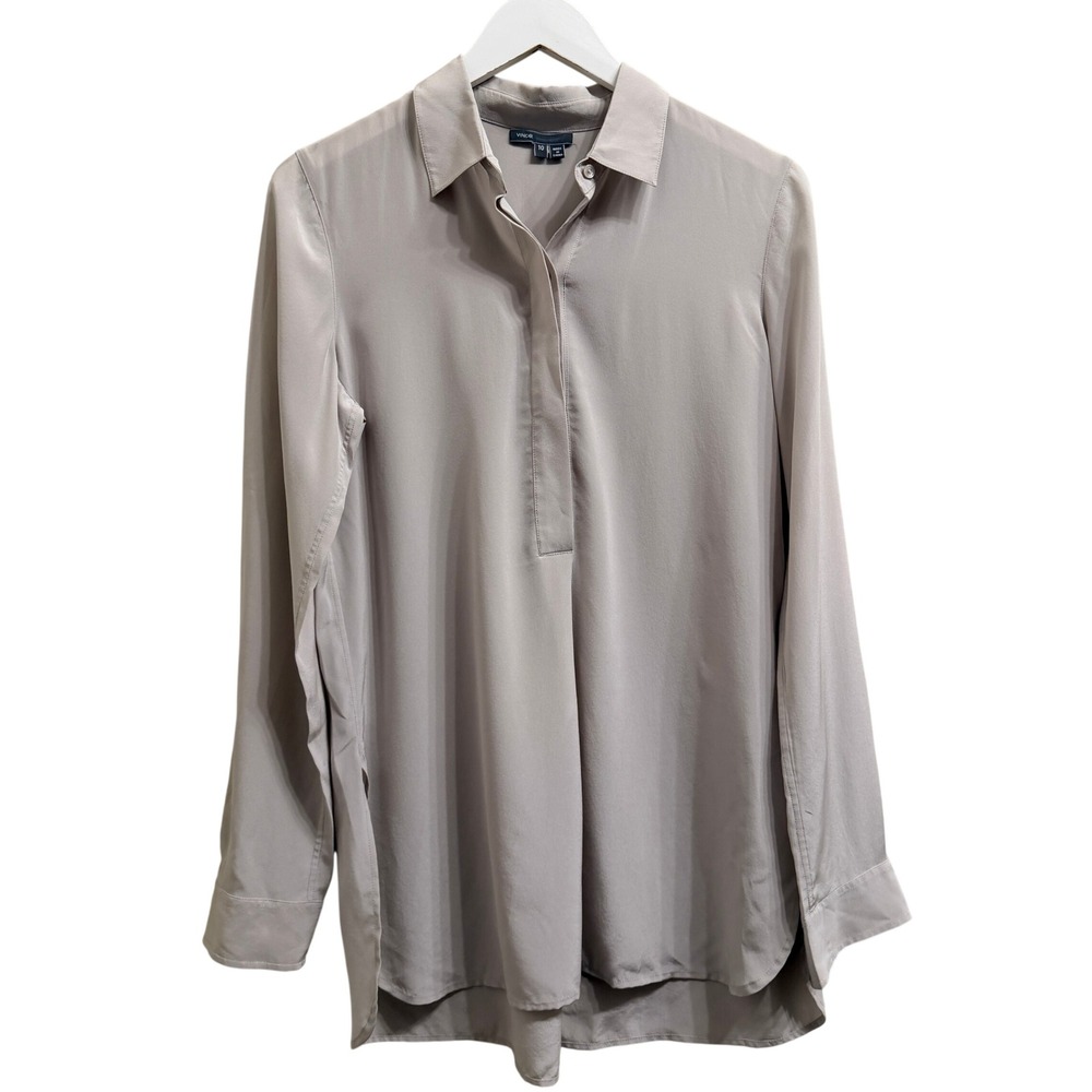 Vince 100% Silk Blouse Size 10 Gray Long Sleeve Collared Classic Minimalist